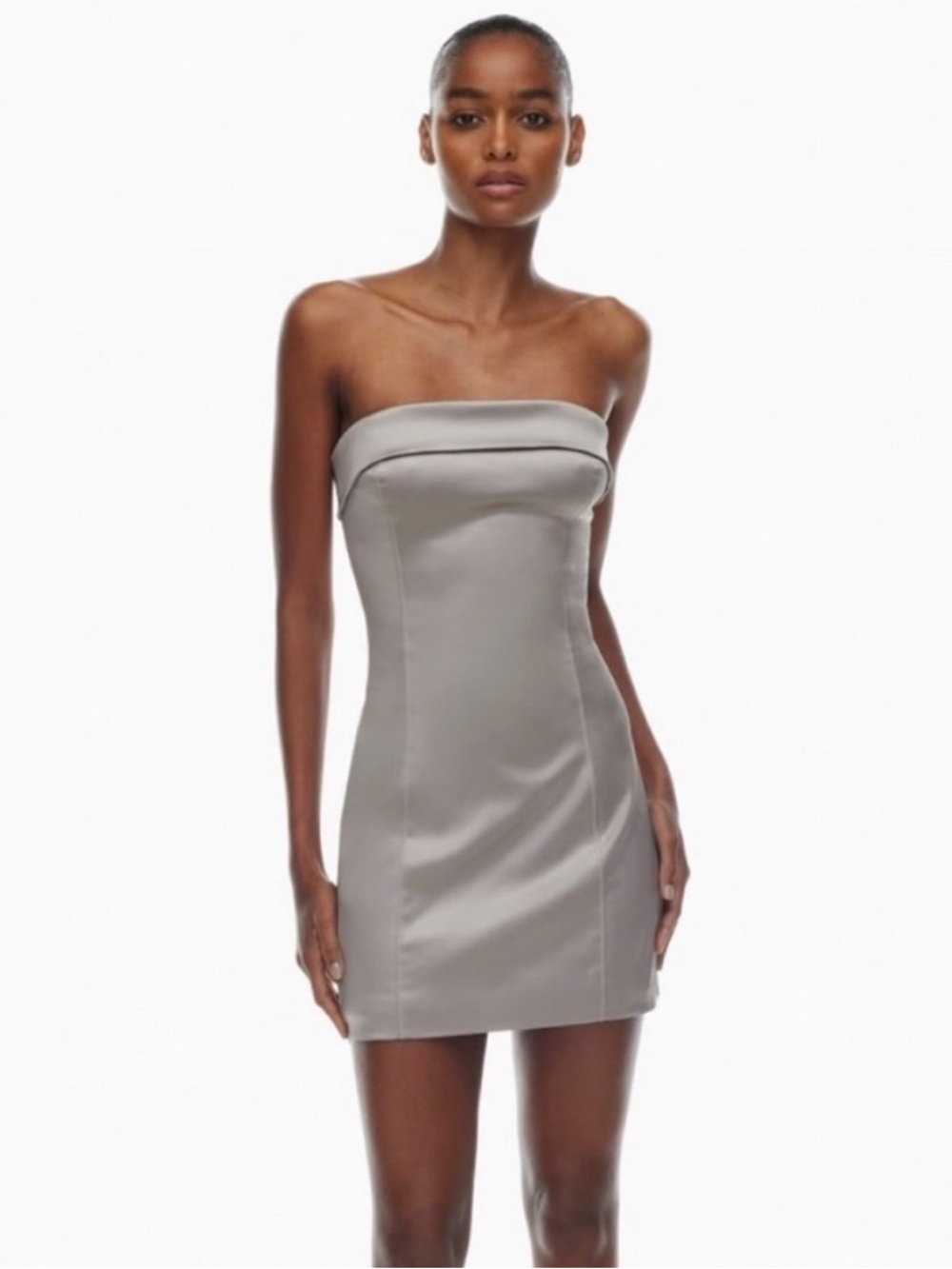 Aritzia Sunday Best Strapless Satin Mini Dress in silver